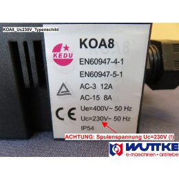 KEDU Ger&auml;teschalter KEDU KOA8 ersetzt DKLD DZ08-8, Spulenspannung Uc = 230V (!)
